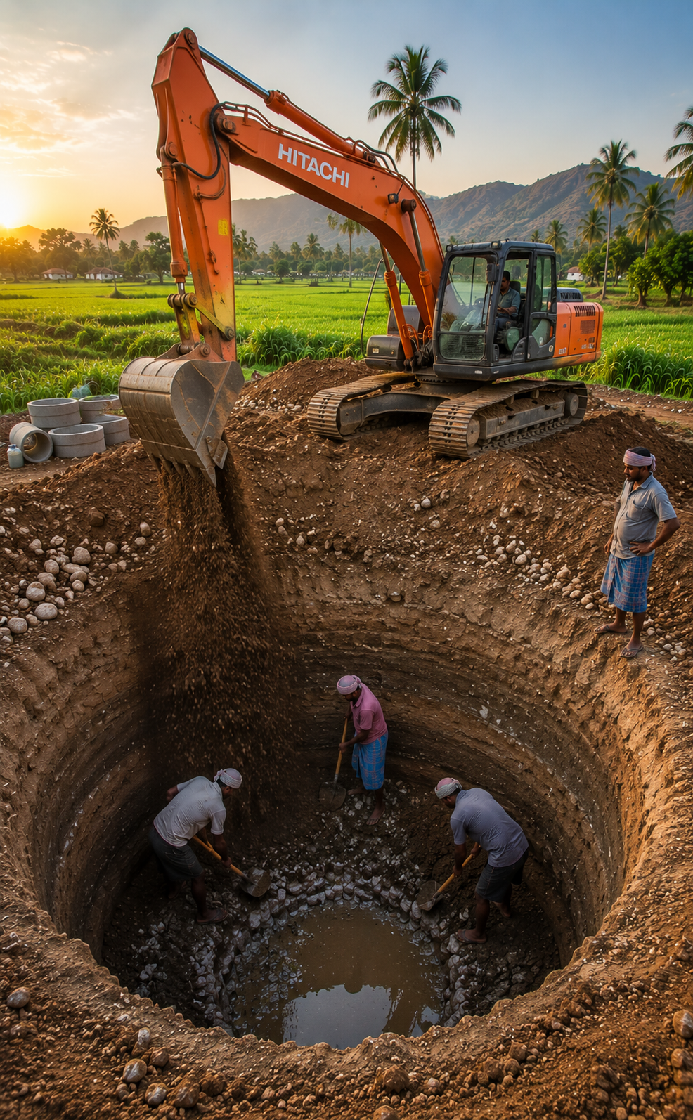 Open well digging with Hitachi excavator in Salem Tamil Nadu