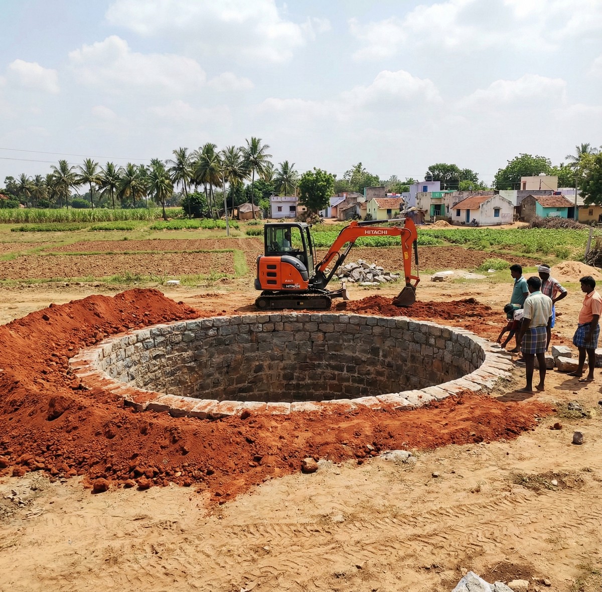 Open well digging project work site in Tamil Nadu