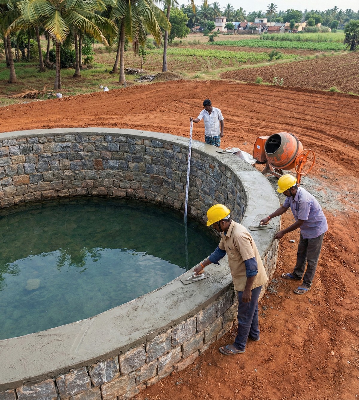 Open well construction site with excavator in Tamil Nadu