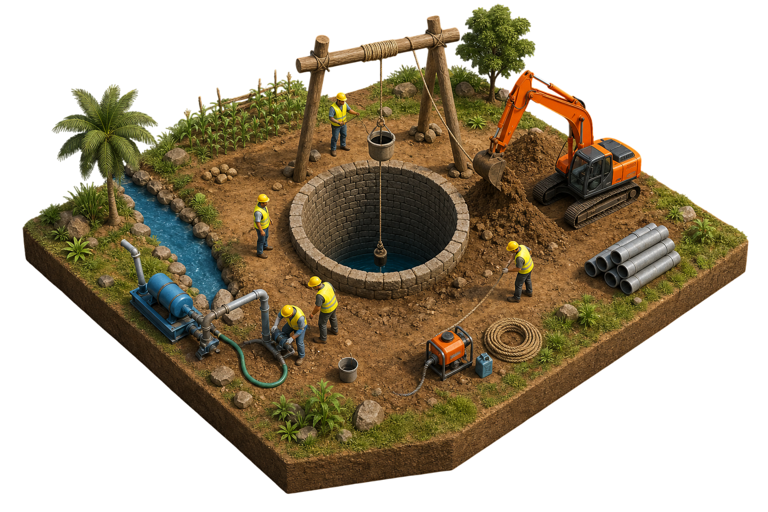 Open well digging and water service illustration