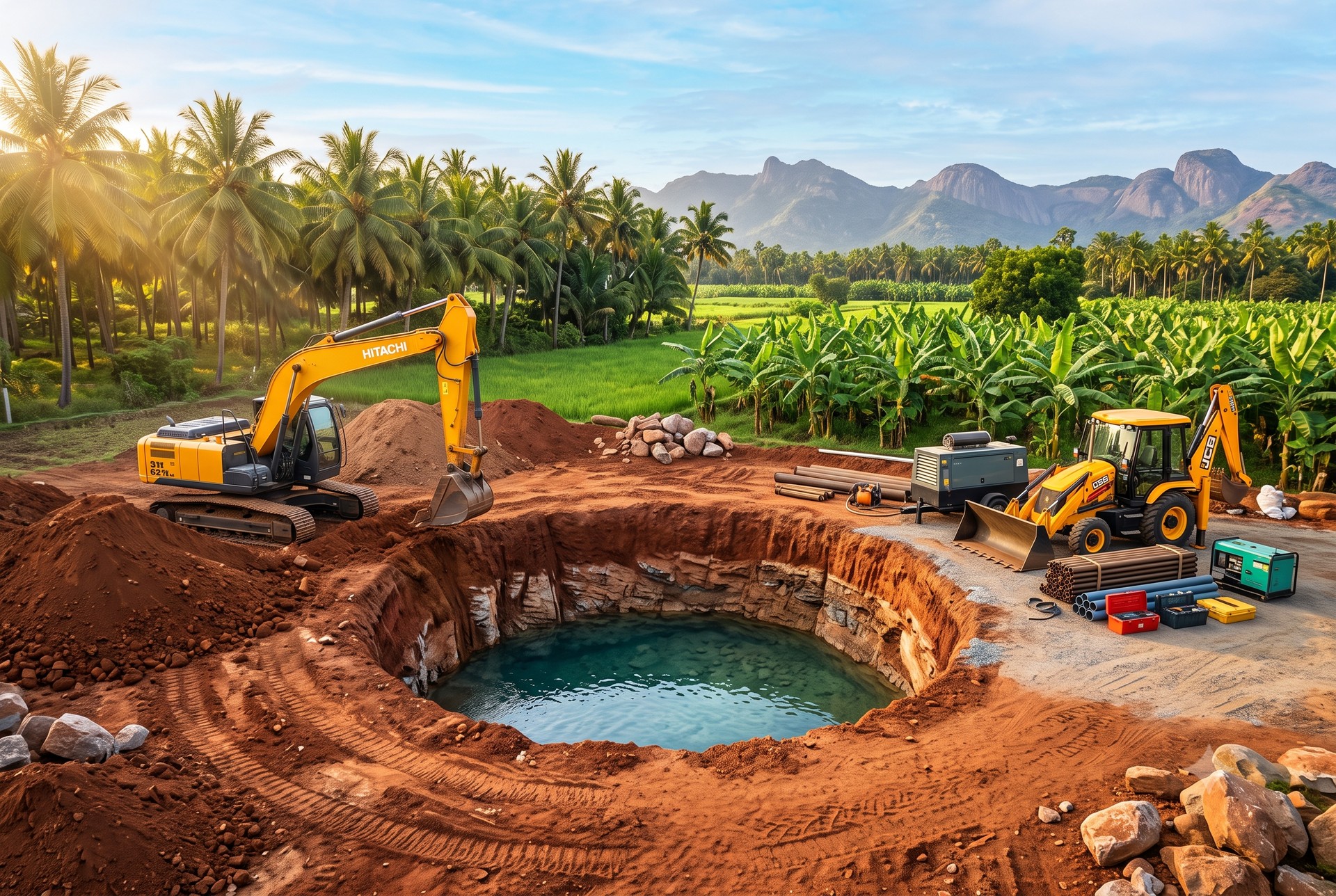 Open well digging site with Hitachi and JCB excavators